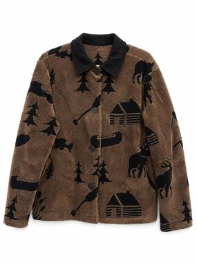 Vintage Lodge Cabin Moose Canoe Fleece Jacket Chenille Print Button Front Size L